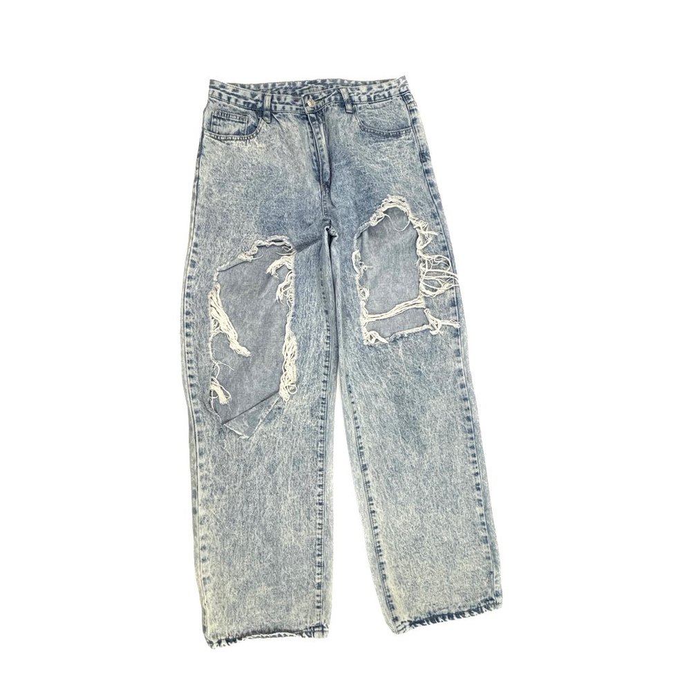 Shein Jeans Women L Blue Acid Wash Distressed Wide Leg High Rise Denim